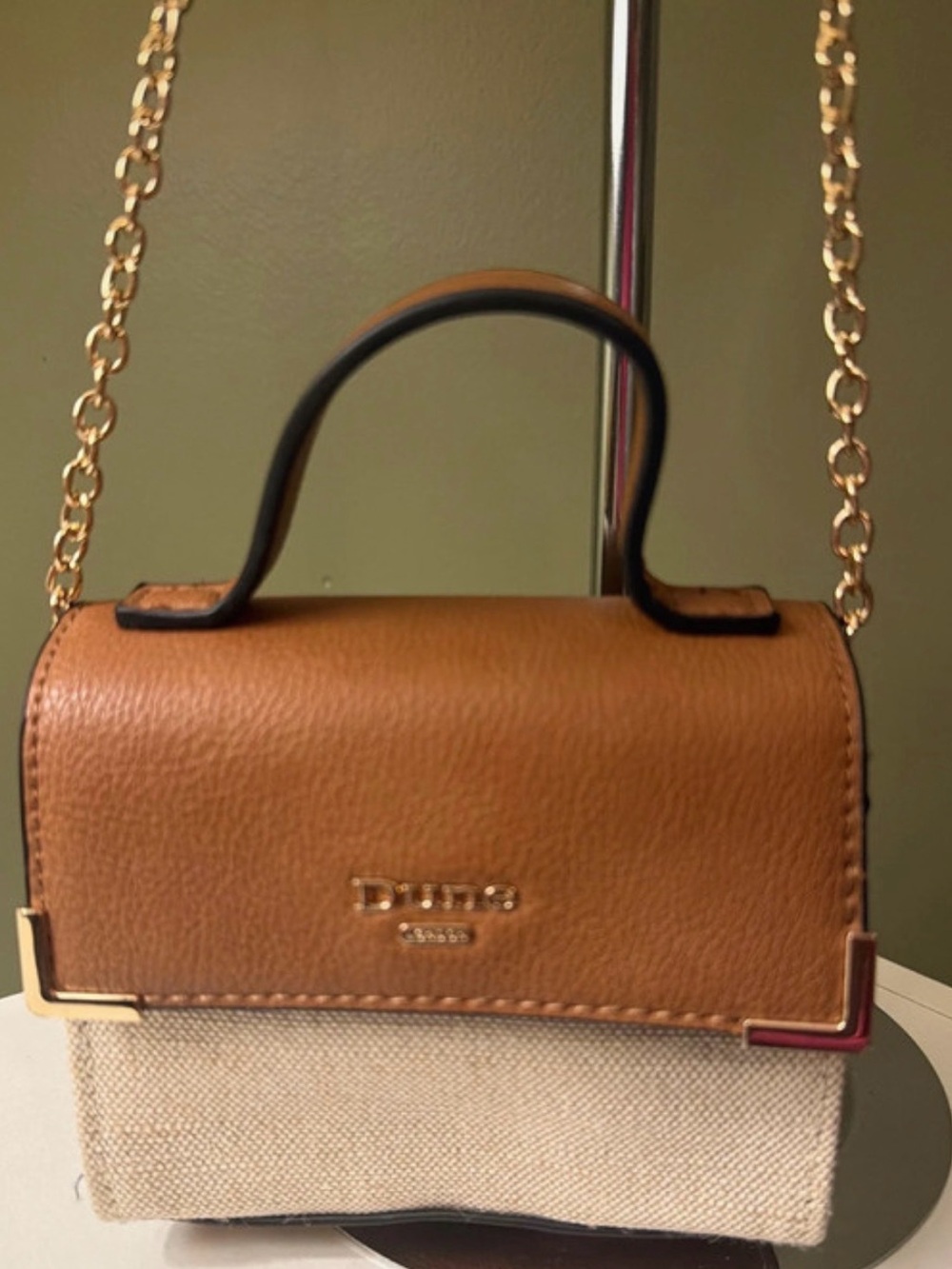 Dune London Tan Faux Leather Cream Canvas Mini Crossbody Bag Chain Strap